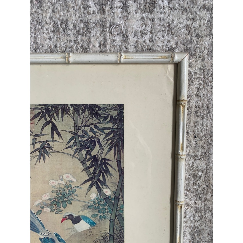 Vintage Chinoiserie Bird Bamboo Print White Faux Bamboo Frame Hollywood Regency - Picture 12 of 12